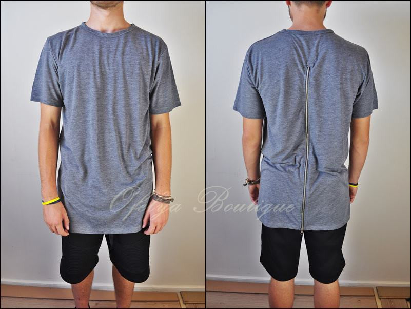 Mens Lengthen Extended Back Full Zipper Design Short Sleeve Tops Tshirt - Ofelya Boutique