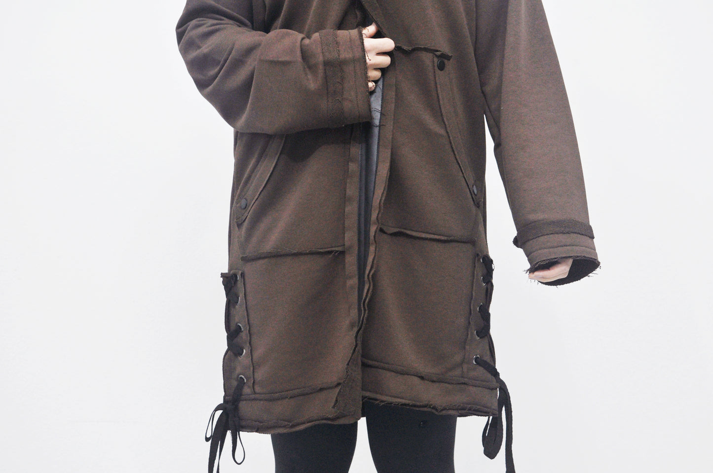 Oversized Hooded Long Leather - Tied Up Cardigan Cape