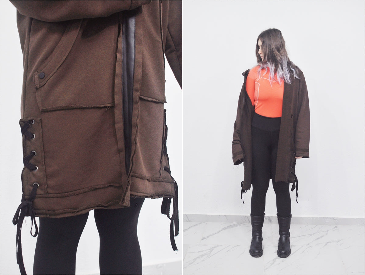 Oversized Hooded Long Leather - Tied Up Cardigan Cape