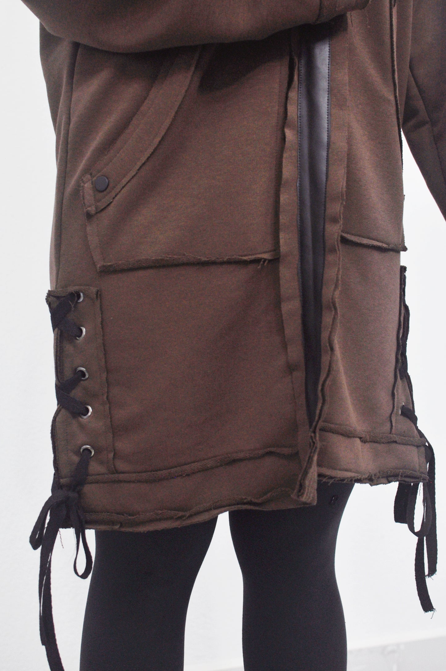 Oversized Hooded Long Leather - Tied Up Cardigan Cape