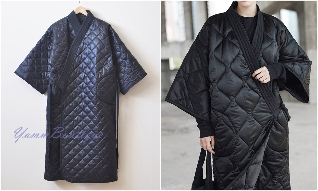 Winter V-Collar Three-quarter Sleeve Kimono /Bandage Padded Coat Quilted Overlong Coat / Loose Over the Knee Long Jacket / Kaftan Maxi Dress - Ofelya Boutique