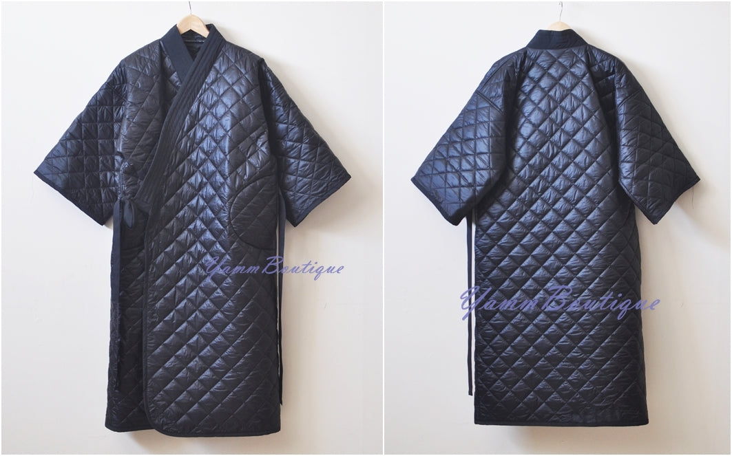 Winter V-Collar Three-quarter Sleeve Kimono /Bandage Padded Coat Quilted Overlong Coat / Loose Over the Knee Long Jacket / Kaftan Maxi Dress - Ofelya Boutique