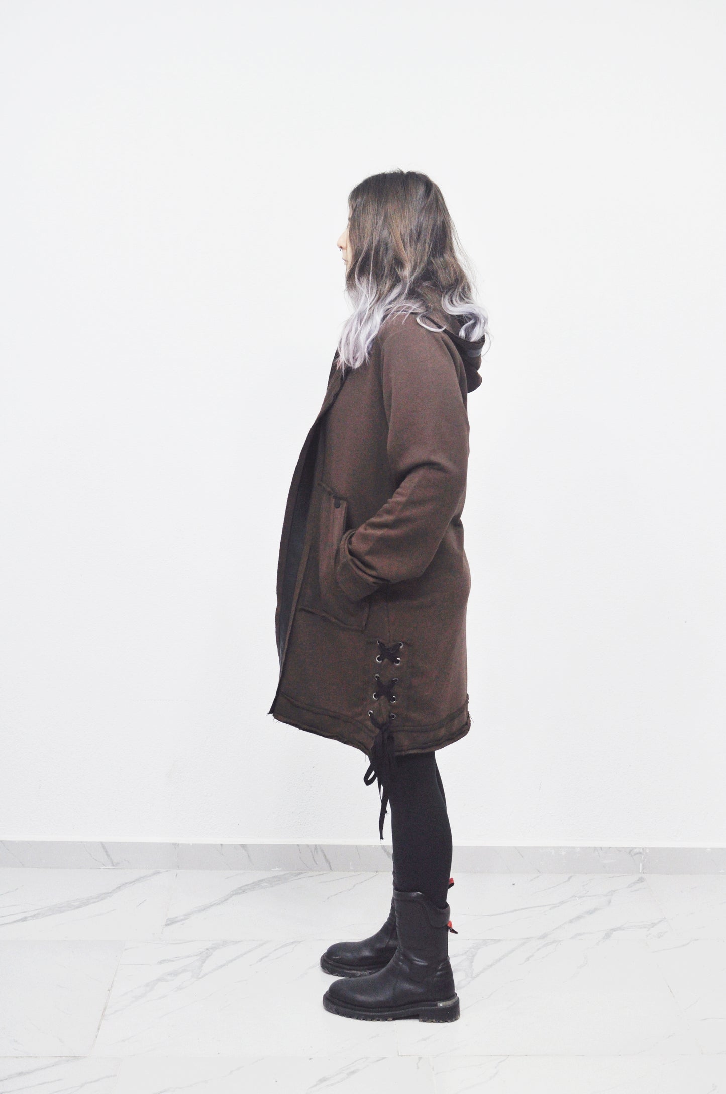 Oversized Hooded Long Leather - Tied Up Cardigan Cape