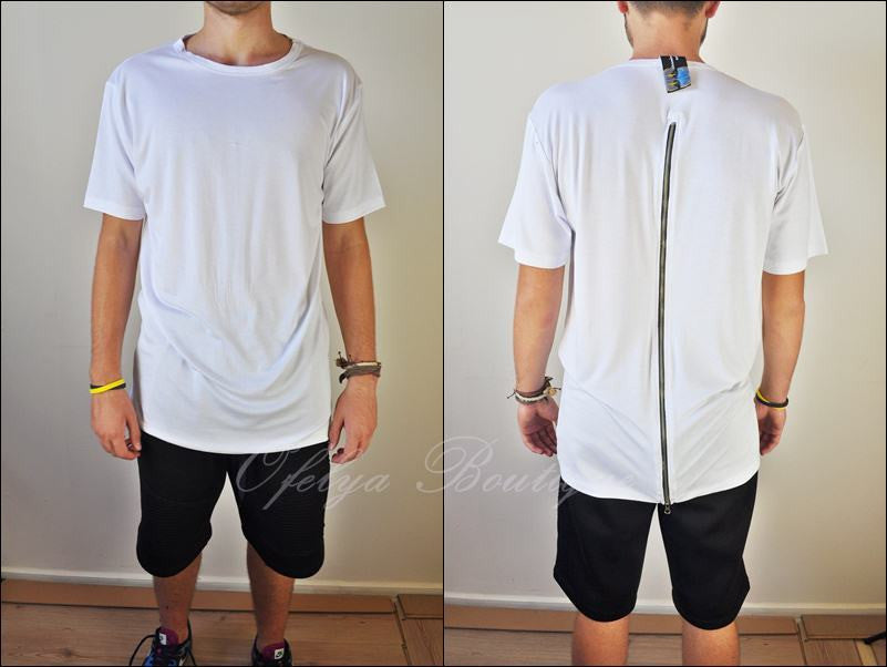 Mens Lengthen Extended Back Full Zipper Design Short Sleeve Tops Tshirt - Ofelya Boutique