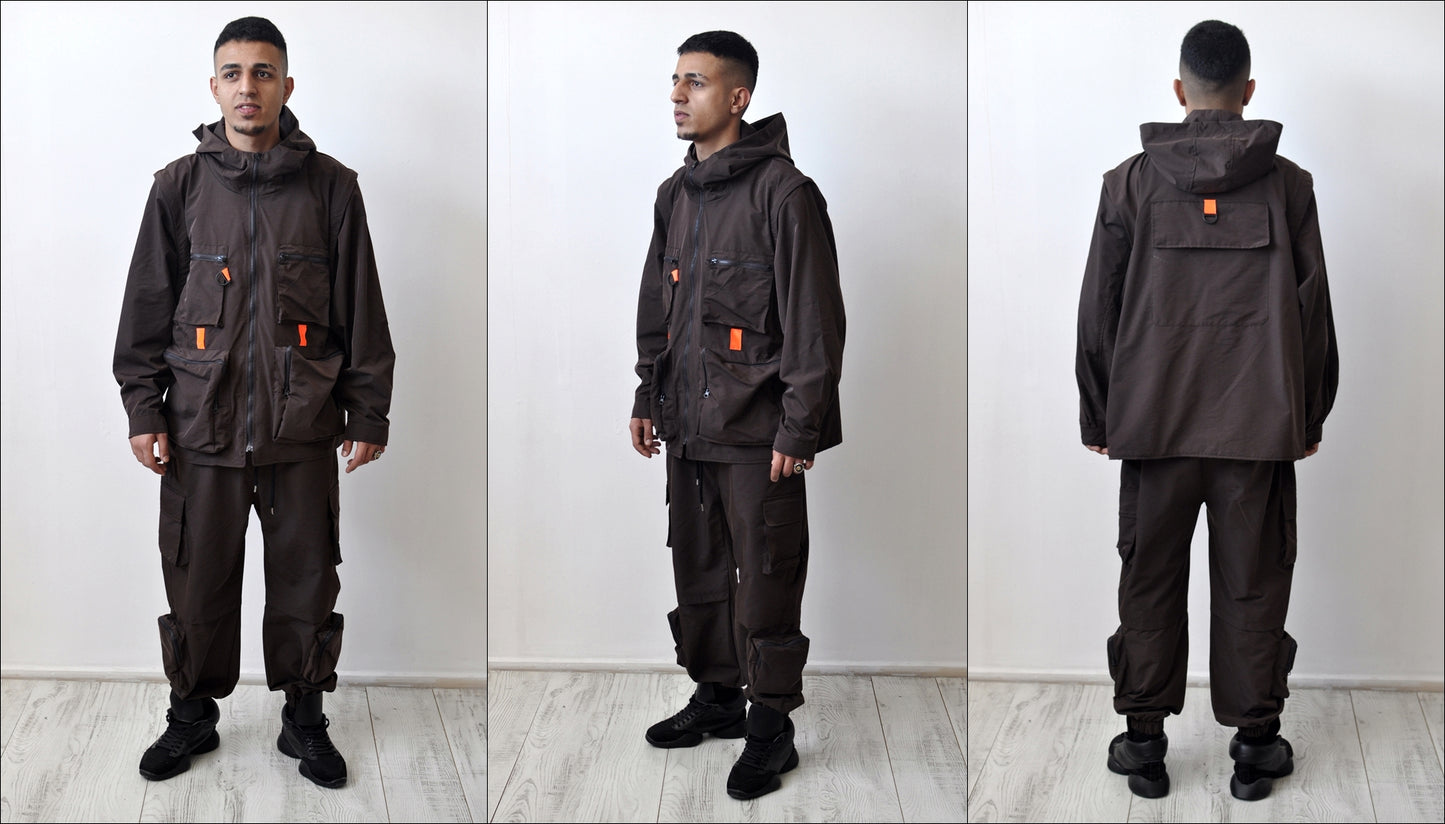 Men Fashion Detachable Cargo Waistcoat With Pockets Military Jacket And Loose Fit Elastic Waist Pants Hip Hop -BB272