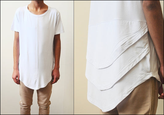 White Distressed Scoop Wide Neck Short Sleeve Extended Folded Back Tshirt - Ofelya Boutique