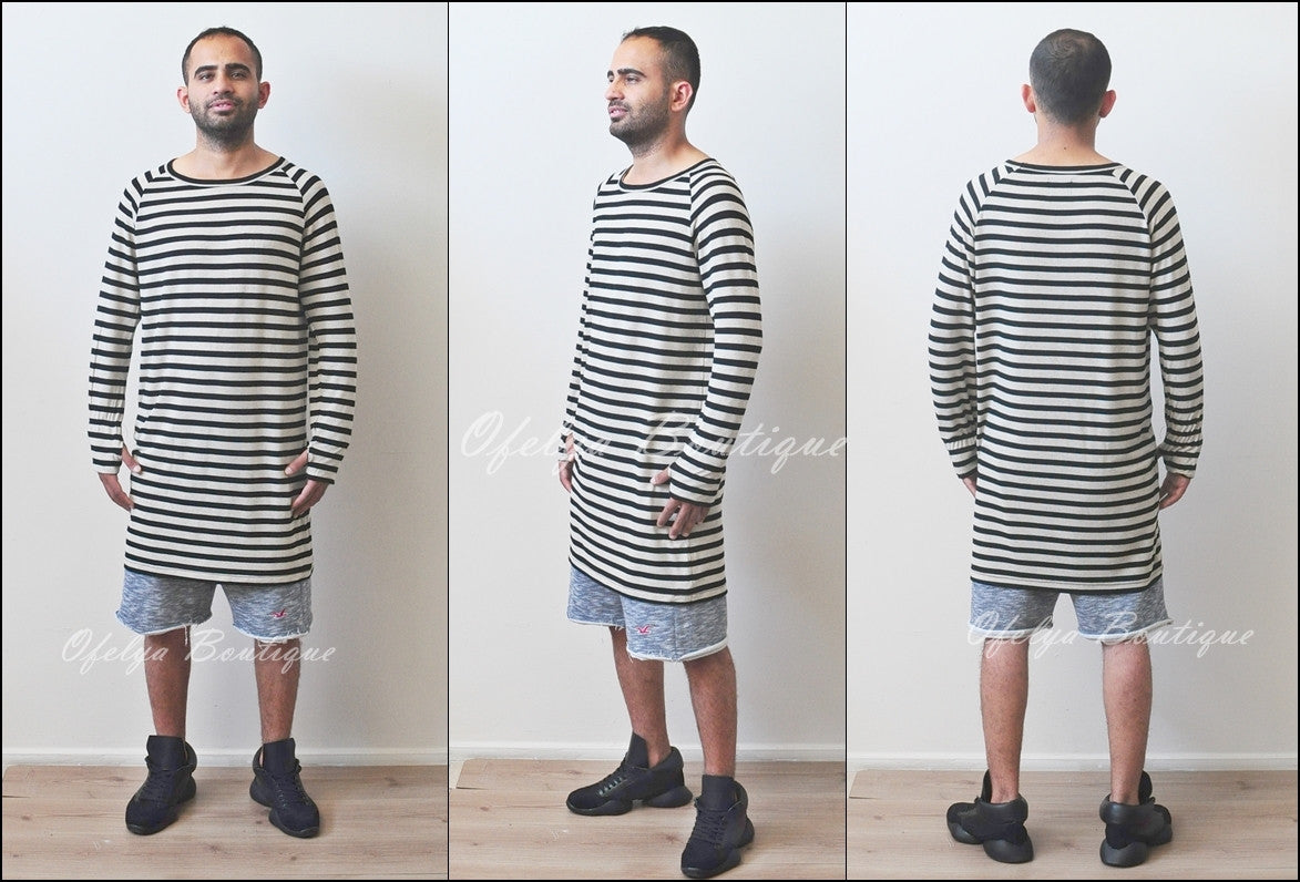 Striped Black/Beige T-shirt Boutique Scoop – - Under Overlong Knit Extended Ofelya Long