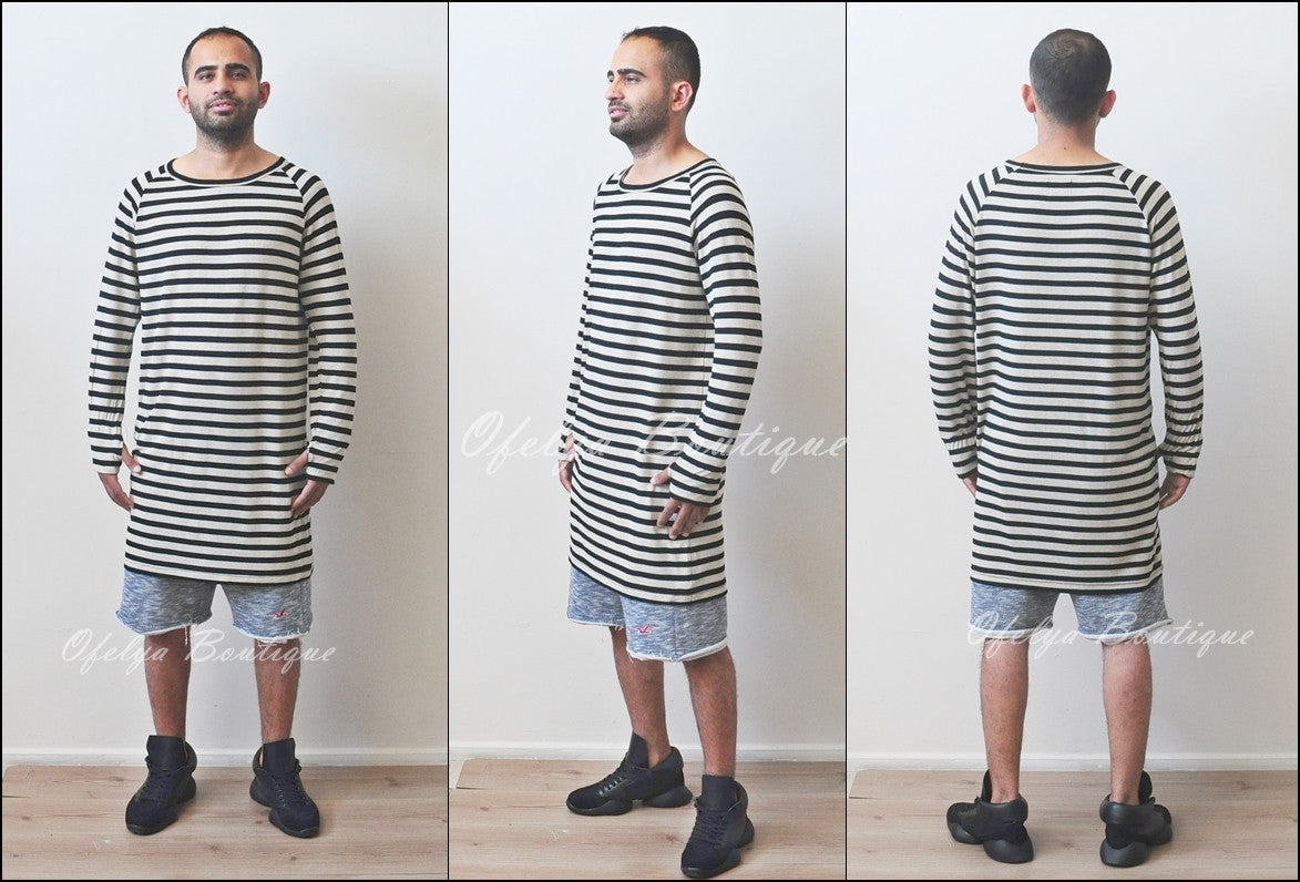 Striped Black/Beige Under Scoop Knit T-shirt - Extended Overlong Long Sleeve - -  Drop Shoulder Centre back seam - Ofelya Boutique