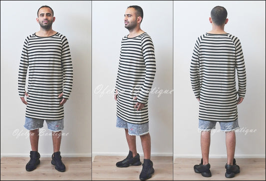 Striped Black/Beige Under Scoop Knit T-shirt - Extended Overlong Long Sleeve - -  Drop Shoulder Centre back seam - Ofelya Boutique