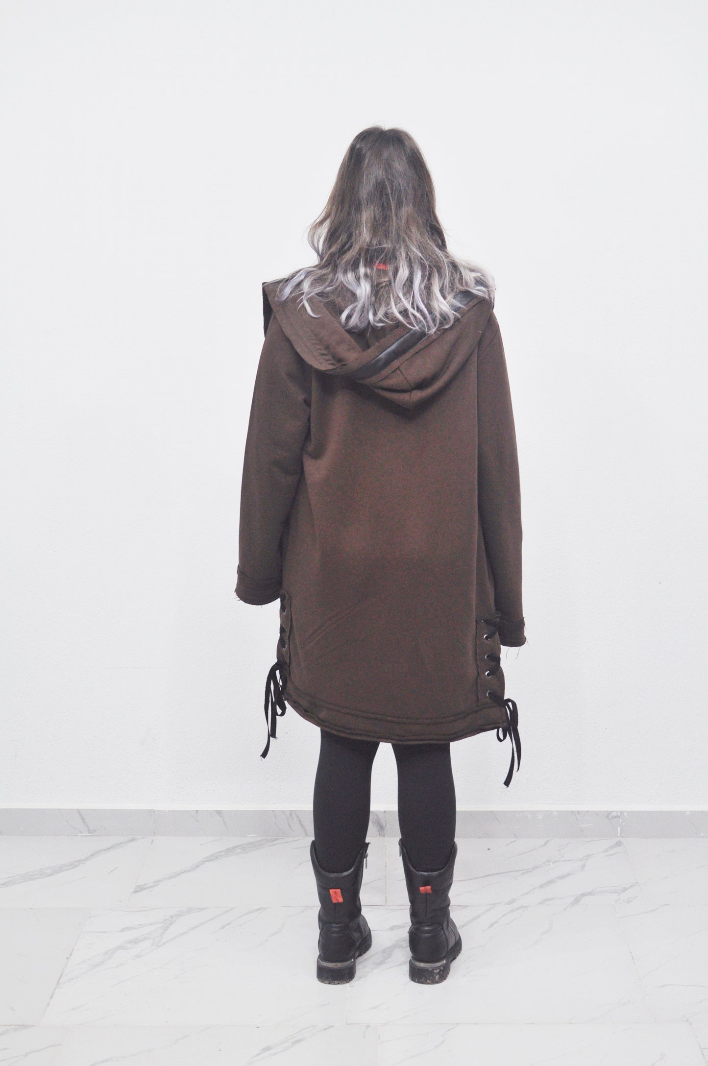 Oversized Hooded Long Leather - Tied Up Cardigan Cape