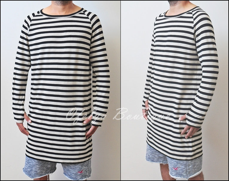 Striped Black/Beige Under Scoop Knit T-shirt - Extended Overlong Long Sleeve - - Drop Shoulder Centre back seam - Ofelya Boutique