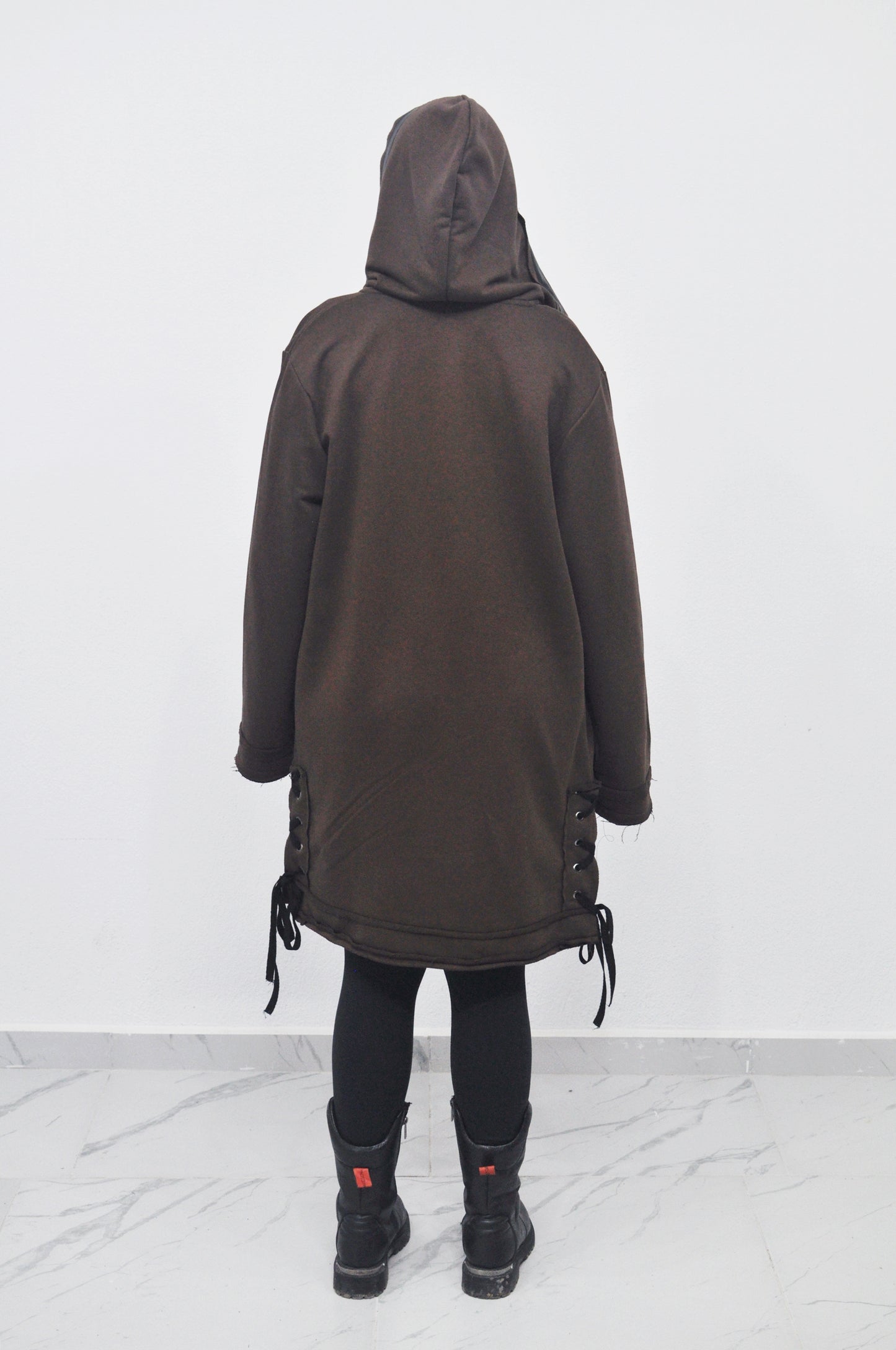 Oversized Hooded Long Leather - Tied Up Cardigan Cape