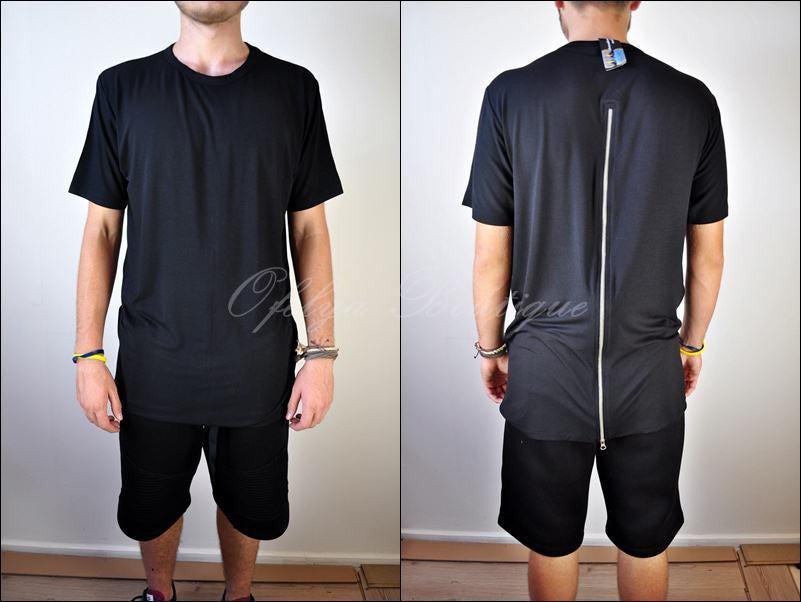 Mens Lengthen Extended Back Full Zipper Design Short Sleeve Tops Tshirt - Ofelya Boutique