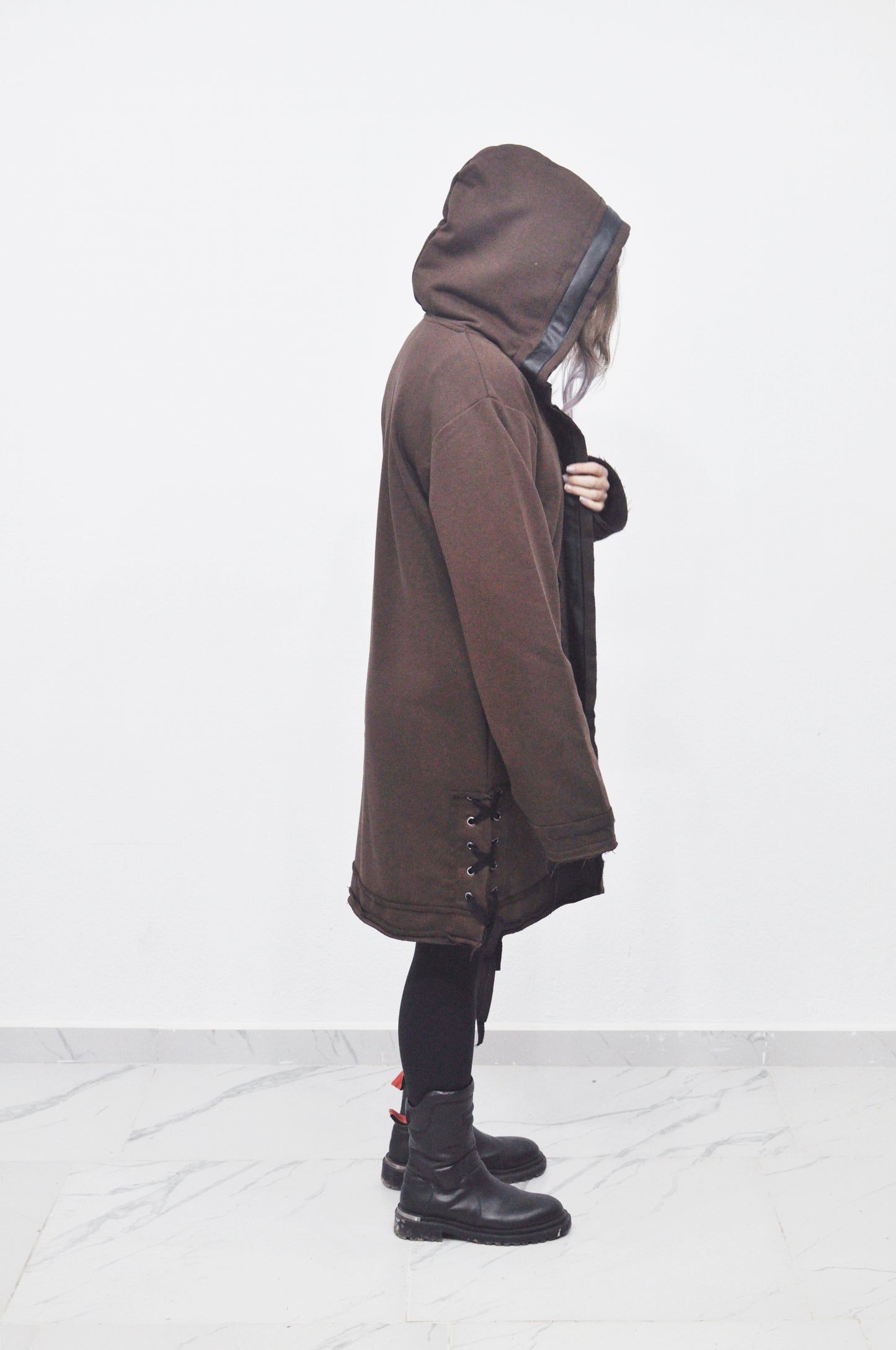 Oversized Hooded Long Leather - Tied Up Cardigan Cape