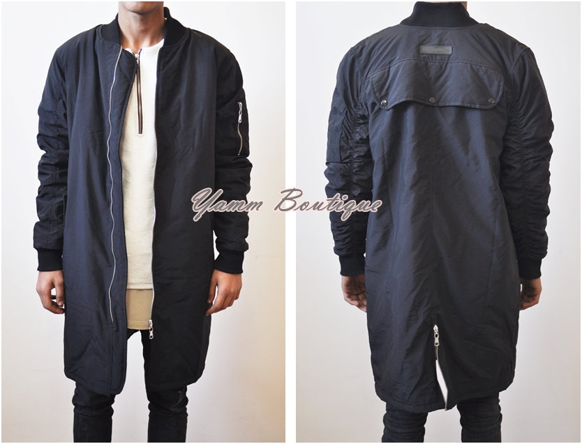 Men's Oversized Full Lenght Coated Field Jacket Coat / Vanta Black Hunter Full Zipper Quilted Back Pocket - Ofelya Boutique