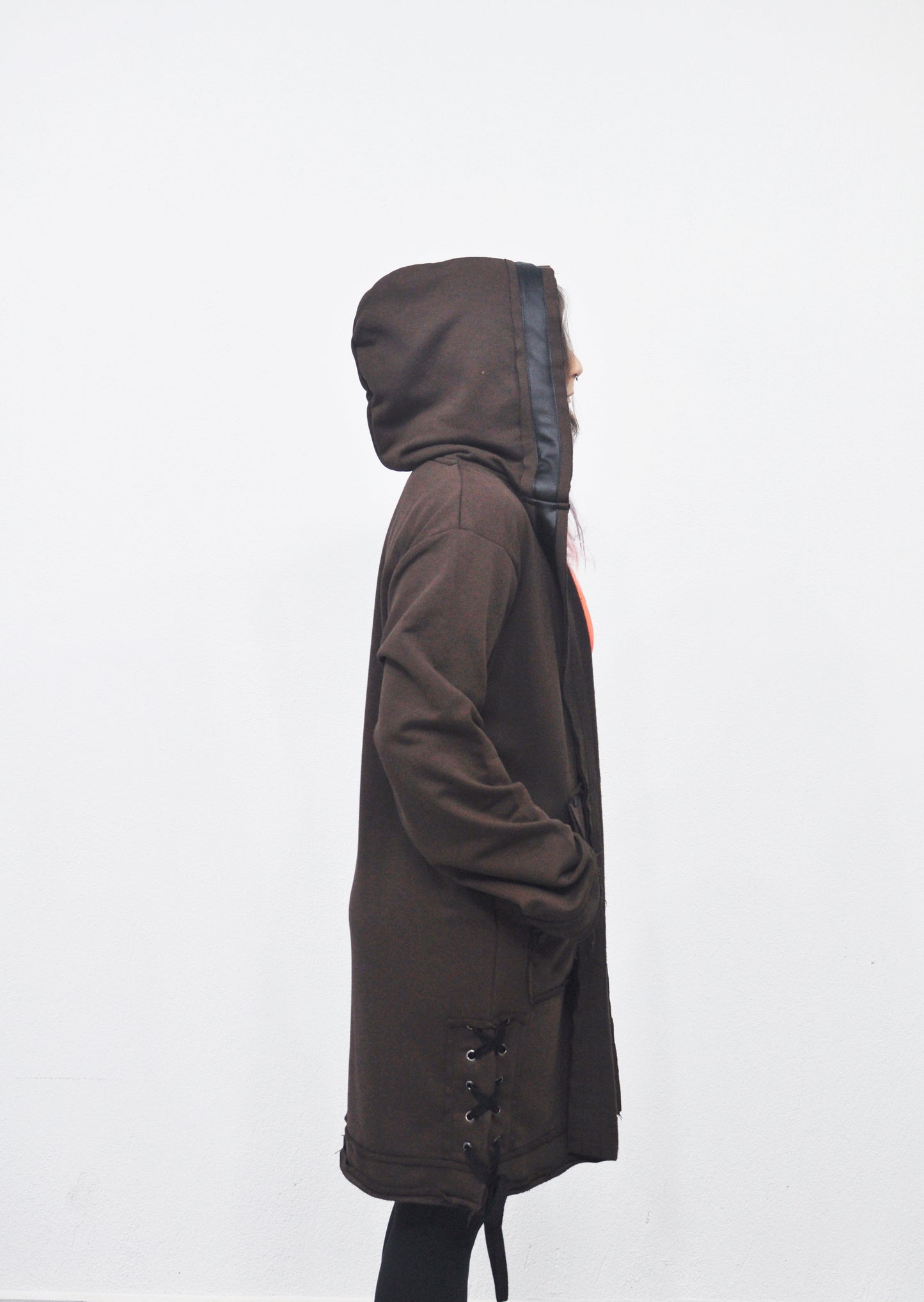 Oversized Hooded Long Leather - Tied Up Cardigan Cape