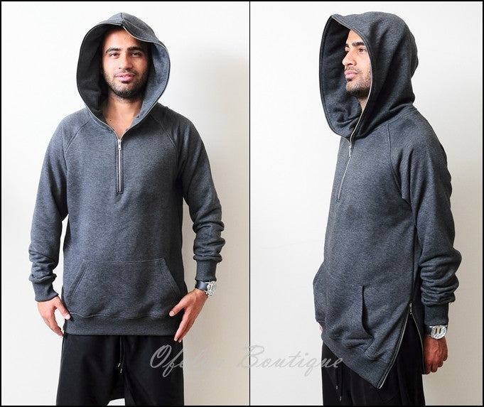 BM KANYE Dark KW Long Sleeve Side Zip Half-Zip Essential Extended Combed Cotton Hoodie - Ofelya Boutique