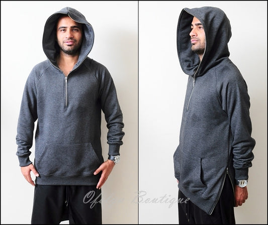 BM KANYE Dark KW Long Sleeve Side Zip Half-Zip Essential Extended Combed Cotton Hoodie - Ofelya Boutique