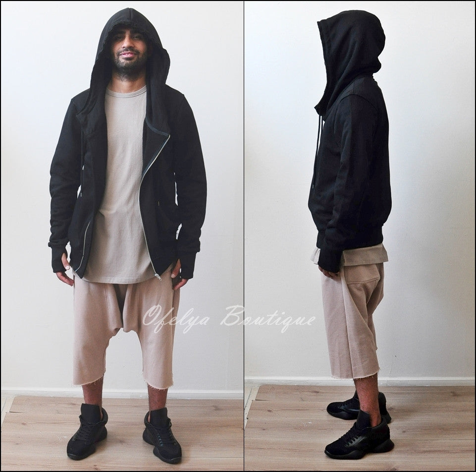 Men's Black Hoodie // Asymmetric Zip Closure // Gloves Sleeve // Big Hood / Oversized Skinny Sweatshirt - Ofelya Boutique