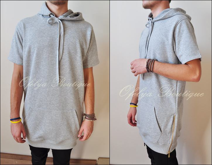 Men's Overlong Short Sleeve Side Zip Extended Cotton Blend Hoodie - Ofelya Boutique