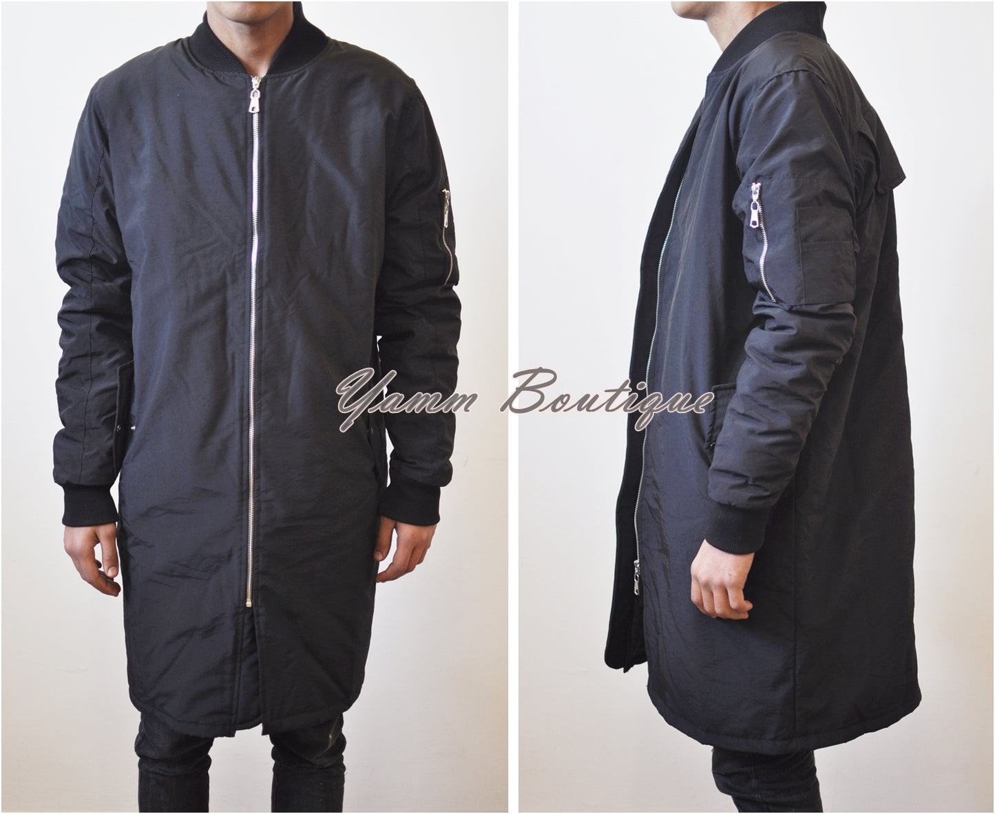 Men's Oversized Full Lenght Coated Field Jacket Coat / Vanta Black Hunter Full Zipper Quilted Back Pocket - Ofelya Boutique