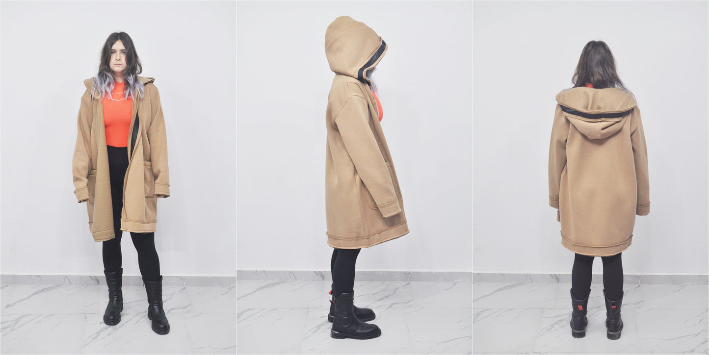 Oversized Asymmetrical Long Hooded Leather Stitched Edge Cardigan
