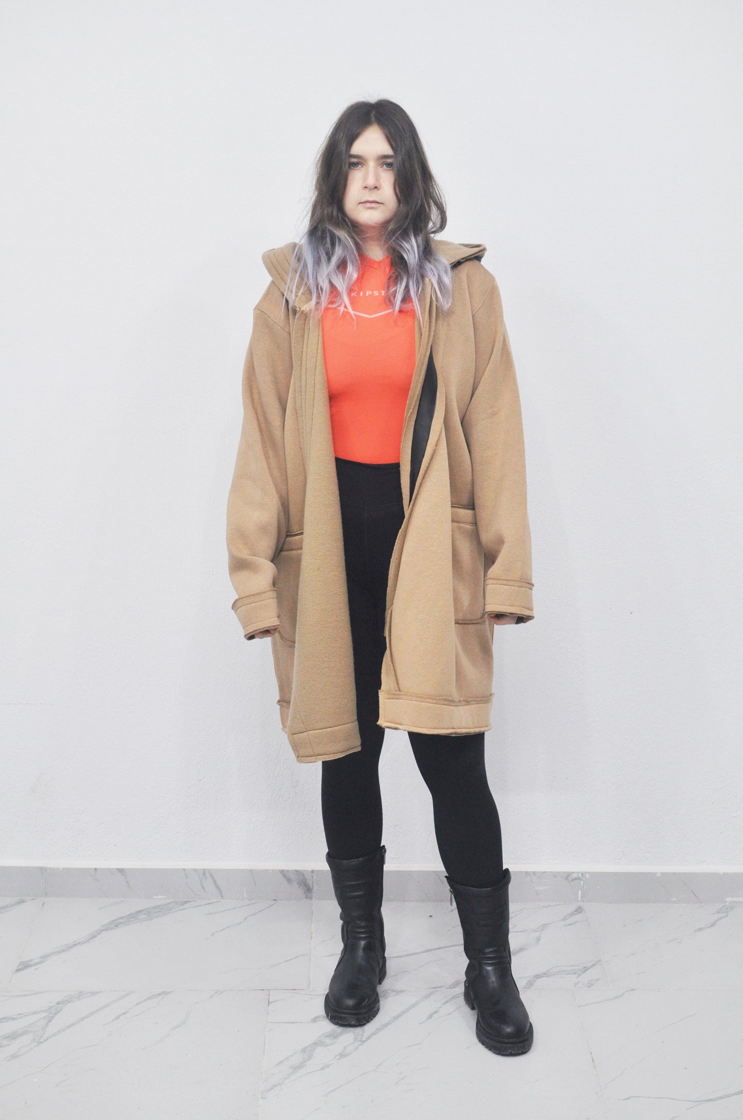 Oversized Asymmetrical Long Hooded Leather Stitched Edge Cardigan