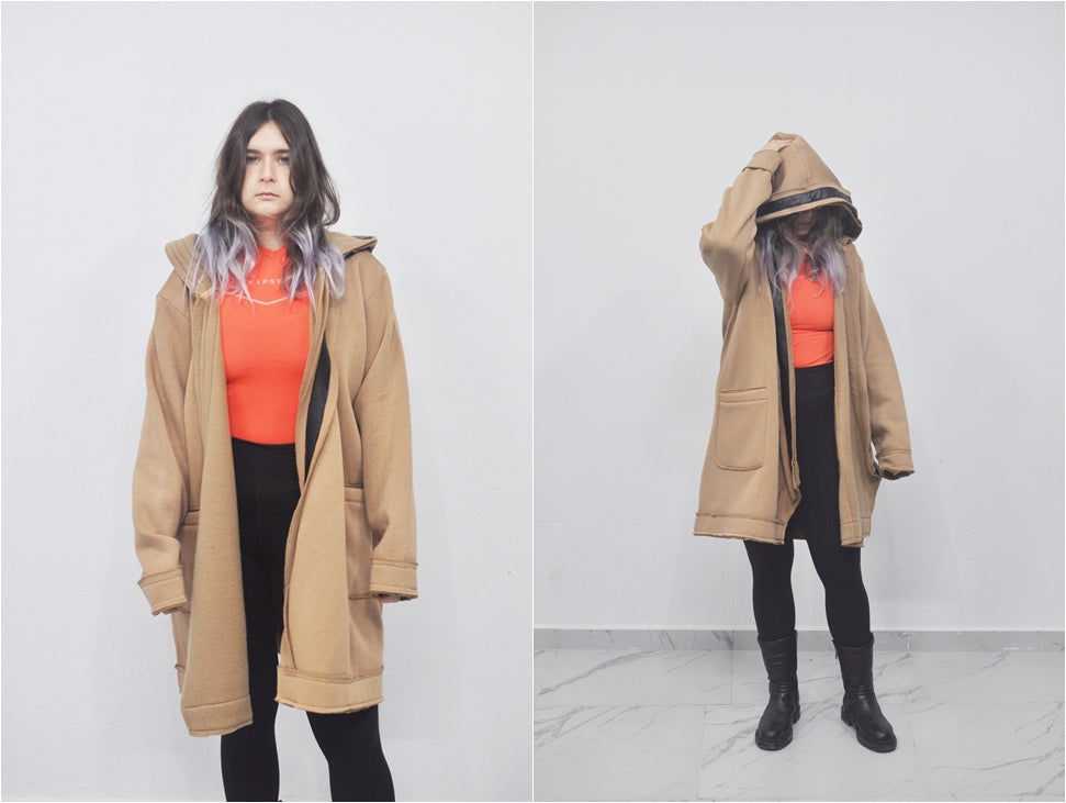 Oversized Asymmetrical Long Hooded Leather Stitched Edge Cardigan