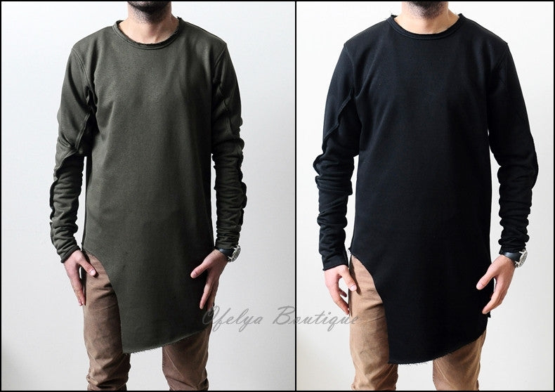 Men Wide Round Neck Asymmetric Raw Cut Detail Sweaters Hoodie - Ofelya Boutique