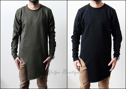 Men Wide Round Neck Asymmetric Raw Cut Detail Sweaters Hoodie - Ofelya Boutique