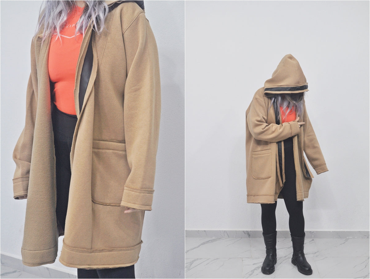Oversized Asymmetrical Long Hooded Leather Stitched Edge Cardigan