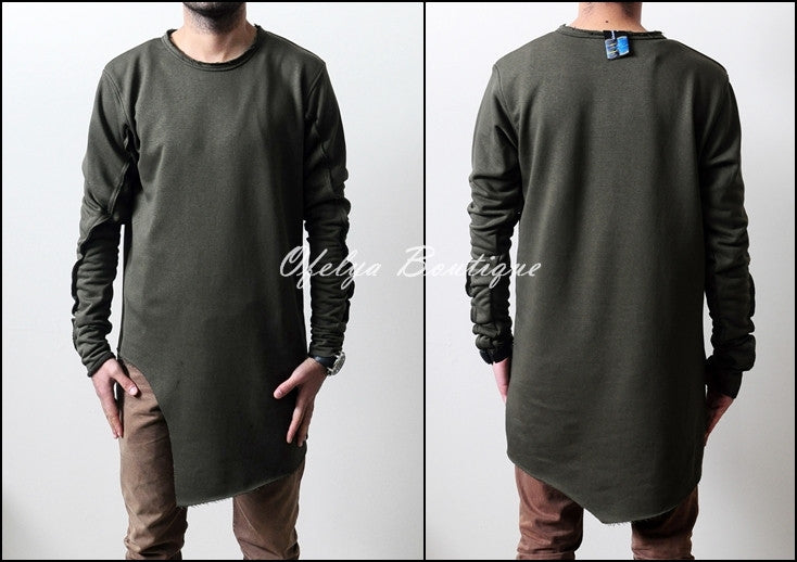 Men Wide Round Neck Asymmetric Raw Cut Detail Sweaters Hoodie - Ofelya Boutique