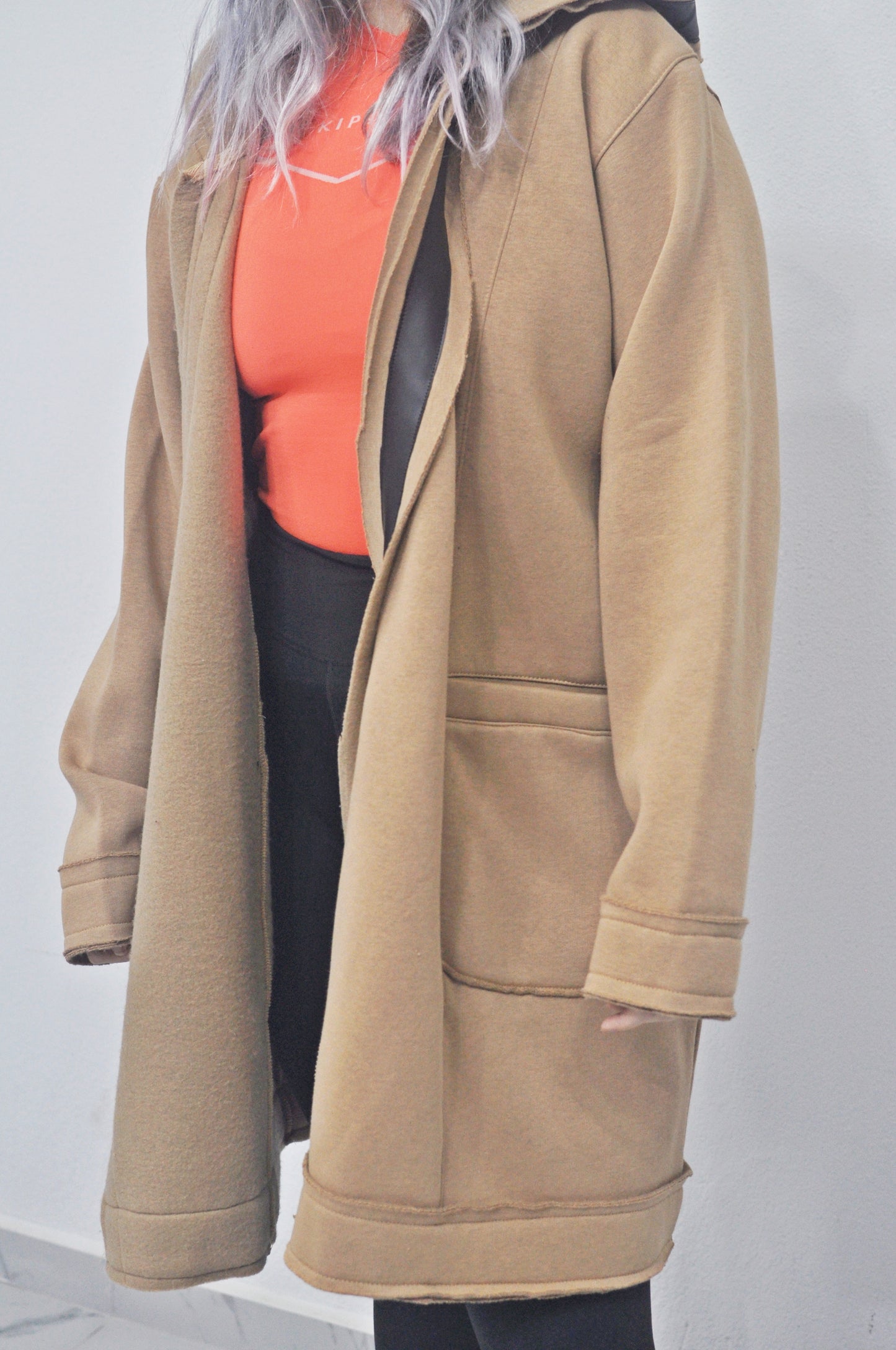 Oversized Asymmetrical Long Hooded Leather Stitched Edge Cardigan