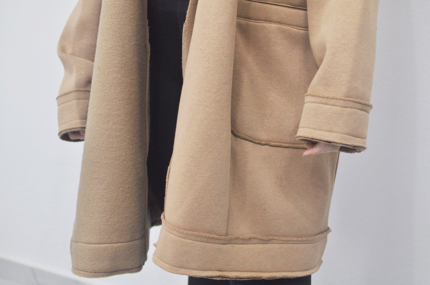 Oversized Asymmetrical Long Hooded Leather Stitched Edge Cardigan