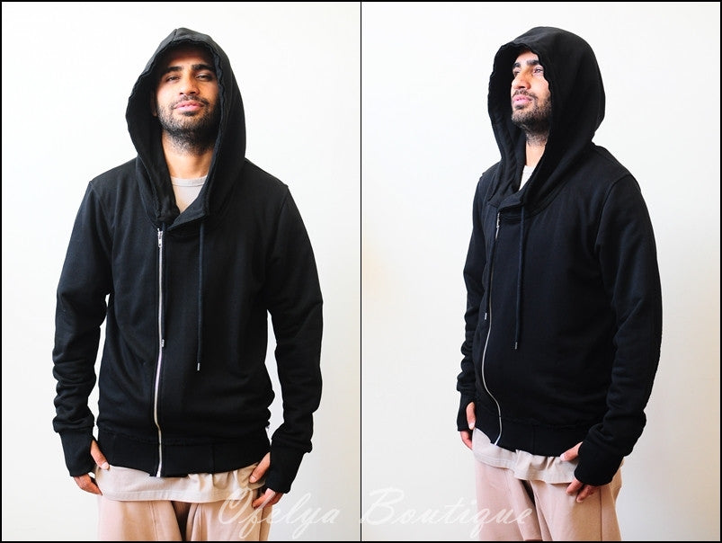 Men's Black Hoodie // Asymmetric Zip Closure // Gloves Sleeve // Big Hood / Oversized Skinny Sweatshirt - Ofelya Boutique
