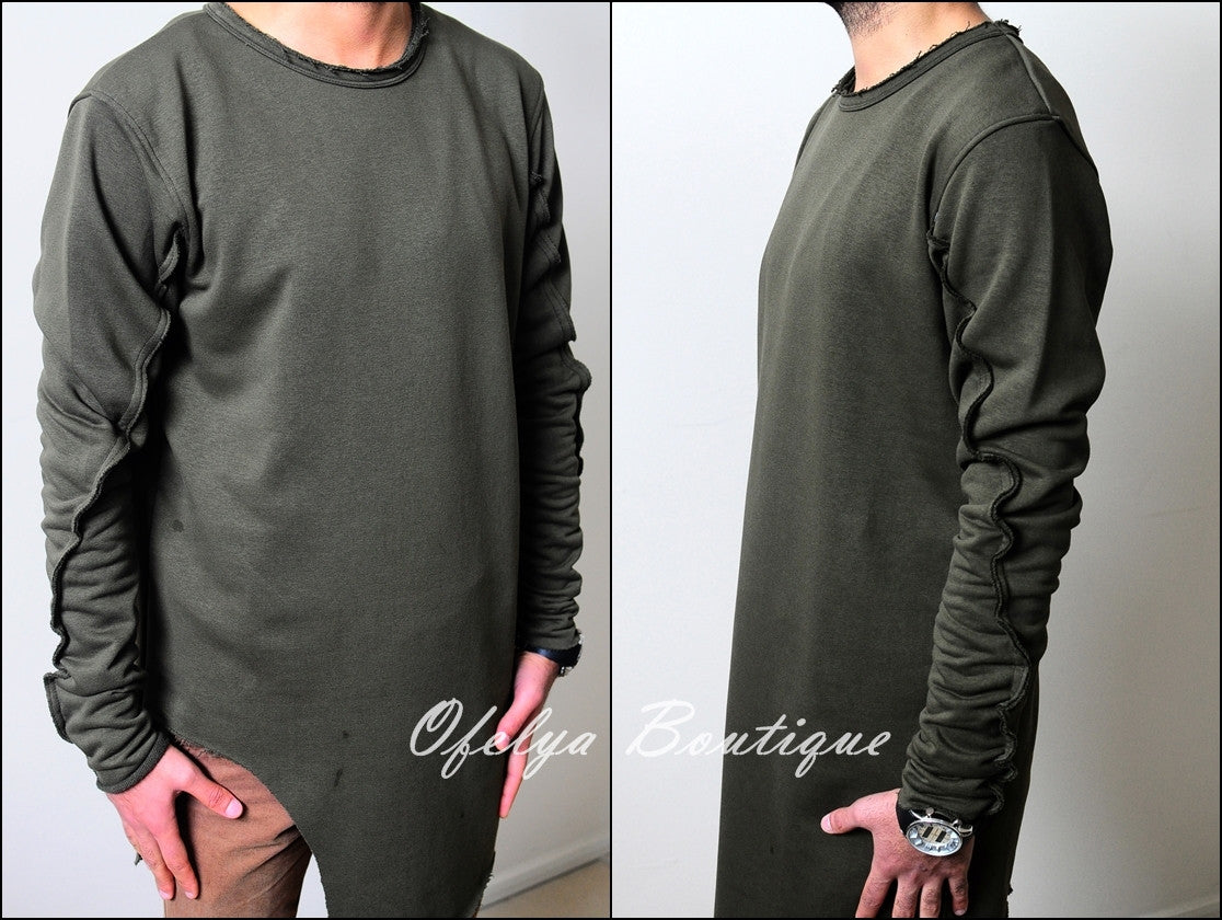 Men Wide Round Neck Asymmetric Raw Cut Detail Sweaters Hoodie - Ofelya Boutique