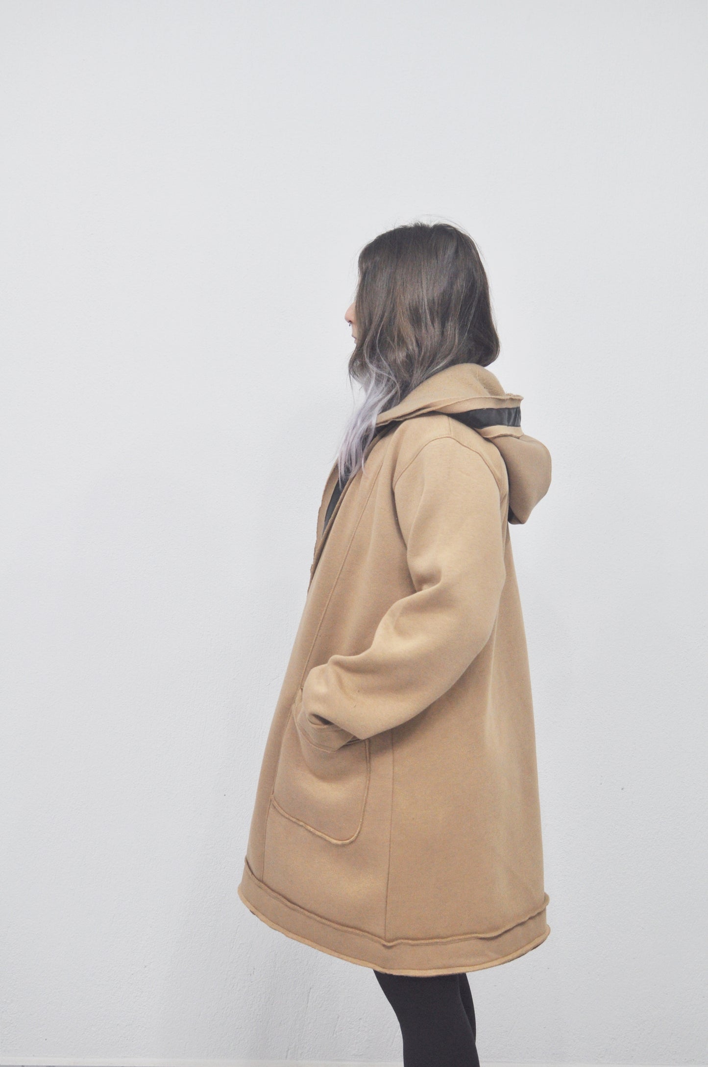 Oversized Asymmetrical Long Hooded Leather Stitched Edge Cardigan