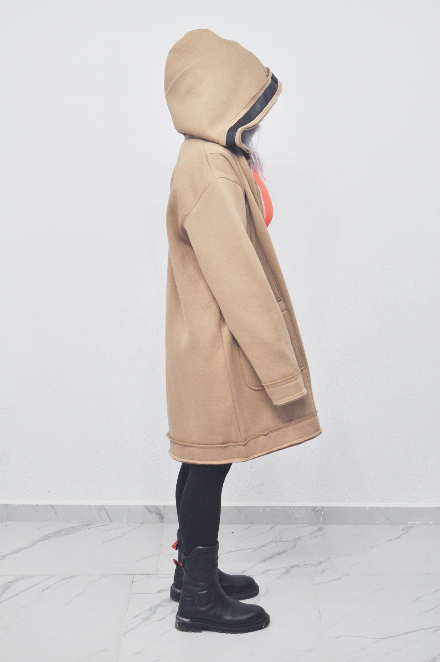 Oversized Asymmetrical Long Hooded Leather Stitched Edge Cardigan