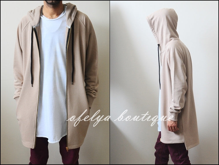 Sand Black Relaxed-fit Oversized Overlong Hooded Zip Up Sweatshirt - Ofelya Boutique