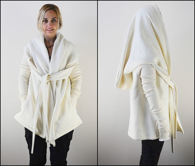 Women Big Hooded Tie Shawl Asymmetrical Cut Hoodie - Ofelya Boutique