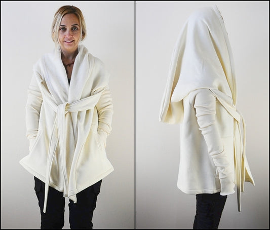 Women Big Hooded Tie Shawl Asymmetrical Cut Hoodie - Ofelya Boutique