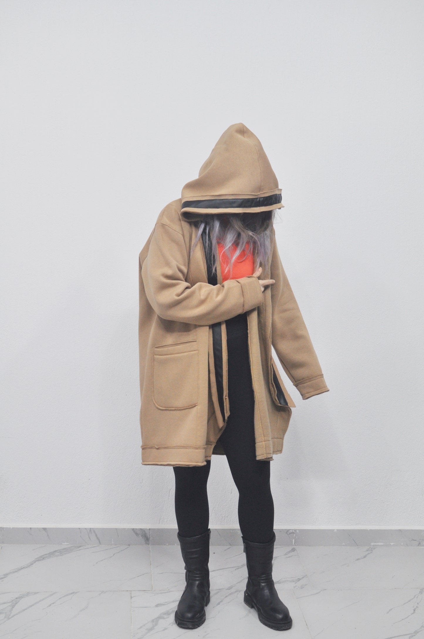 Oversized Asymmetrical Long Hooded Leather Stitched Edge Cardigan