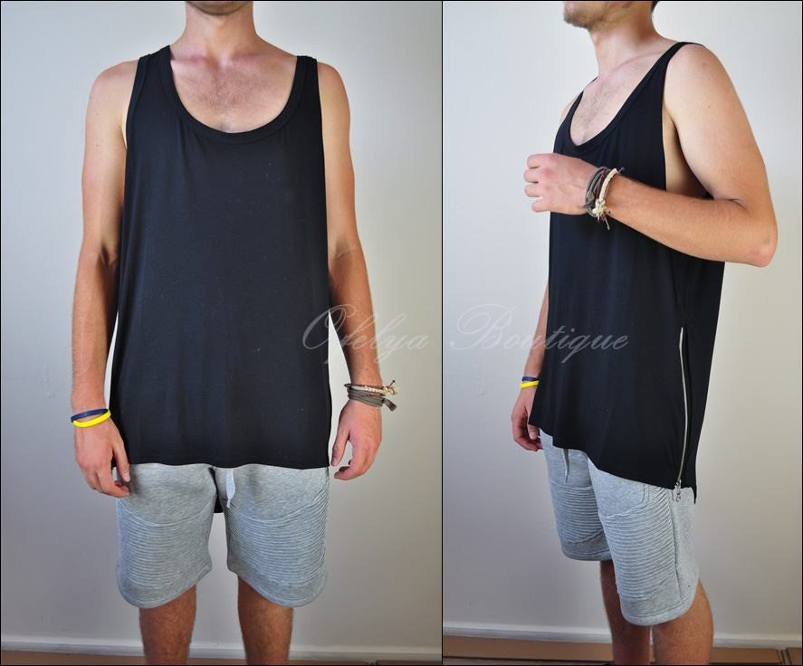 Mens Singlet Enlenghten Side Zip Cotton Long Extended Tank Top - Ofelya Boutique