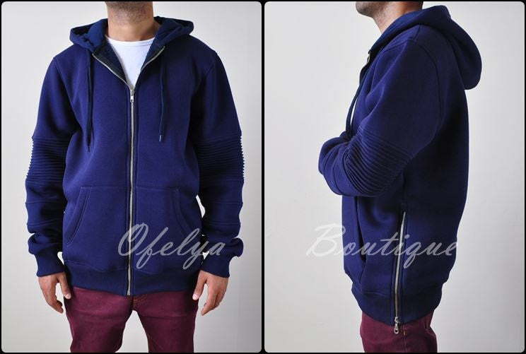 Men's Biker Front full Zipper and Side Zips Cotton Hoodie - Pintuck Sleeves - Ofelya Boutique