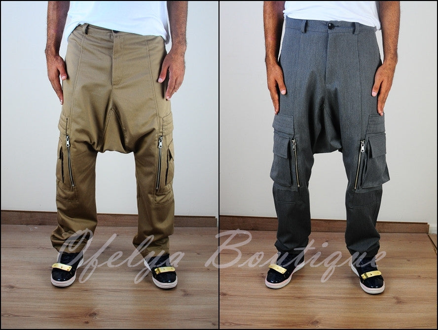 Drop-Rise Hiking Mountain Cargo Pants // Pin tuck detail on back /quilted bellows zip pockets at sides - Ofelya Boutique
