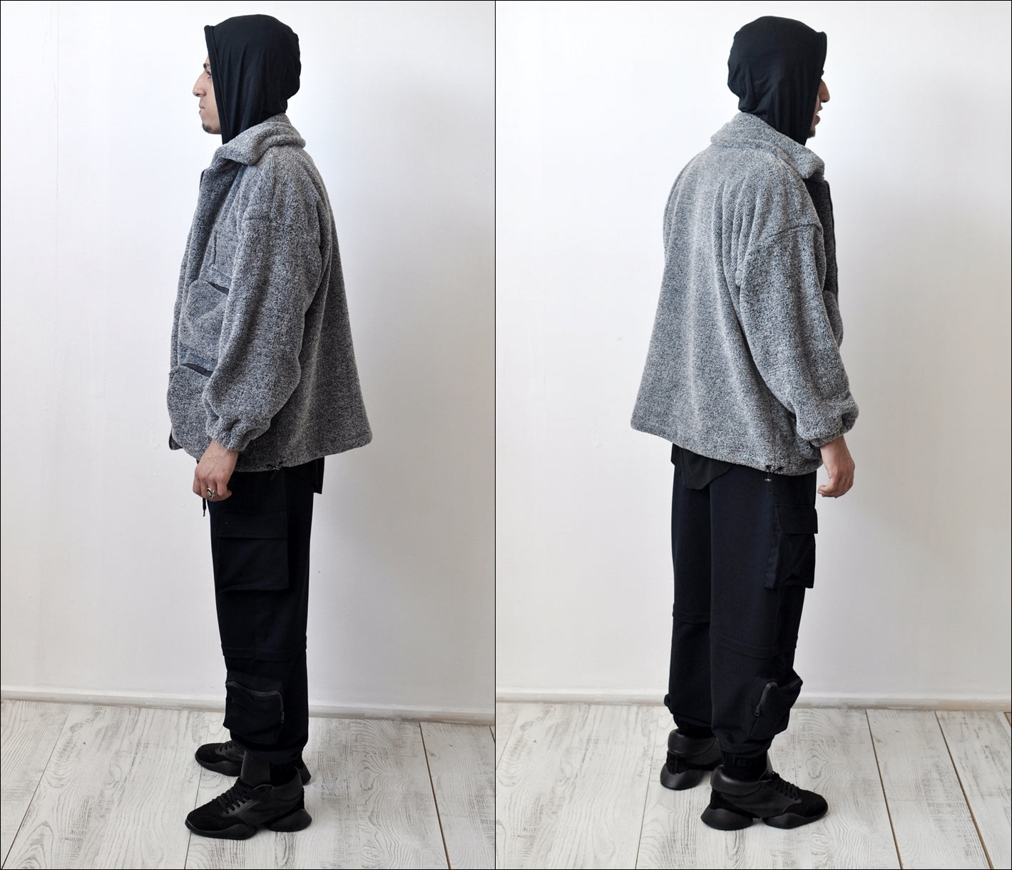 Patchwork Hooded Jackets Men Hip Hop Multi Pockets Warm Coats