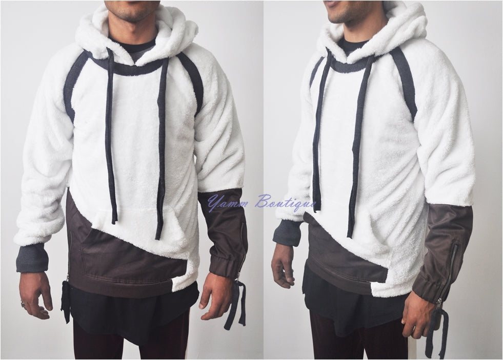 Men's Denim Patchwork Panelled Soft Sherpa Hooded Two Tone Jacket in Ivory - Ofelya Boutique