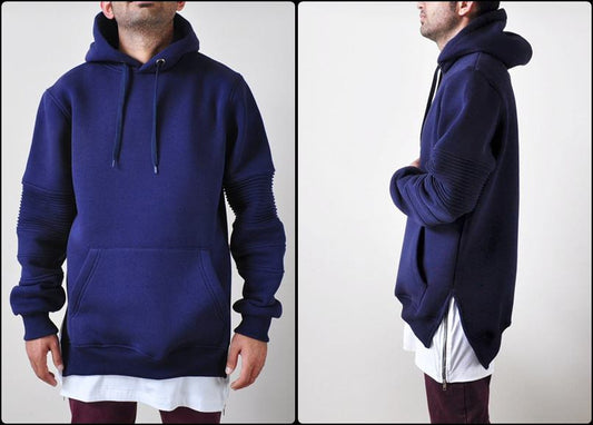 Men's Kangaroo Pocket Side Slit Hoodie - Pintuck Sleeves - Ofelya Boutique