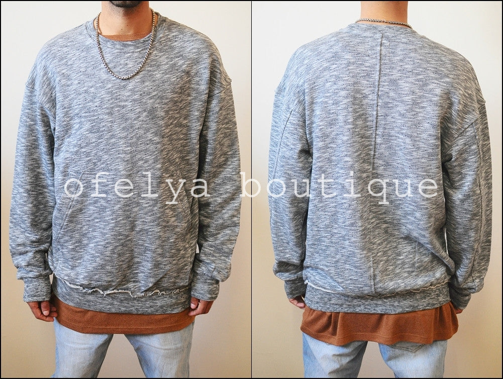 Raw Edge Waistband 80's Sweater  / Oversized Fit / Dropped Shoulder / Rear Neck Badge - Ofelya Boutique