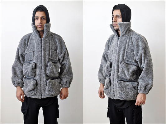 Patchwork Hooded Jackets Men Hip Hop Multi Pockets Warm Coats